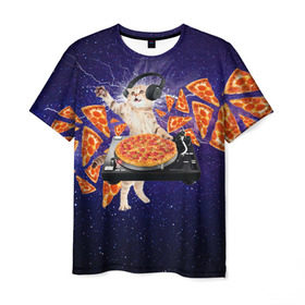 Мужская футболка 3D с принтом Пицца - Кот в Курске, 100% полиэфир | прямой крой, круглый вырез горловины, длина до линии бедер | Тематика изображения на принте: cat | galaxy | lightning | pizza | грозовой кошак | диджей | космос | кот | котики | котэ | кошак | метеориты | молния | пицца | прикол | приколы с котами | прикольная