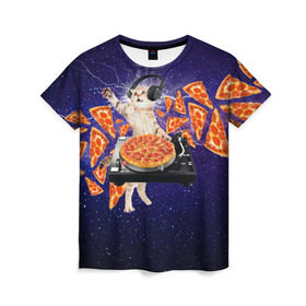 Женская футболка 3D с принтом Пицца - Кот в Курске, 100% полиэфир ( синтетическое хлопкоподобное полотно) | прямой крой, круглый вырез горловины, длина до линии бедер | cat | galaxy | lightning | pizza | грозовой кошак | диджей | космос | кот | котики | котэ | кошак | метеориты | молния | пицца | прикол | приколы с котами | прикольная