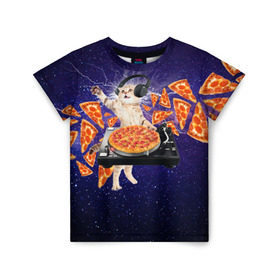 Детская футболка 3D с принтом Пицца - Кот в Курске, 100% гипоаллергенный полиэфир | прямой крой, круглый вырез горловины, длина до линии бедер, чуть спущенное плечо, ткань немного тянется | Тематика изображения на принте: cat | galaxy | lightning | pizza | грозовой кошак | диджей | космос | кот | котики | котэ | кошак | метеориты | молния | пицца | прикол | приколы с котами | прикольная