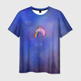 Мужская футболка 3D с принтом Единорог, блюющий радугой в Курске, 100% полиэфир | прямой крой, круглый вырез горловины, длина до линии бедер | Тематика изображения на принте: bird born | блевать | единорог | иллюстратор | кот степан | коты | милота | радуга | тошнит