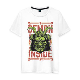 Мужская футболка хлопок с принтом Demon inside в Курске, 100% хлопок | прямой крой, круглый вырез горловины, длина до линии бедер, слегка спущенное плечо. | demon | green | inside | japan | ninja | samurai | внутри | демон | зеленый | ниндзя | самурай | япония