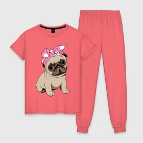 Женская пижама хлопок с принтом Собачка в Курске, 100% хлопок | брюки и футболка прямого кроя, без карманов, на брюках мягкая резинка на поясе и по низу штанин | dog | pug | мопс | собака
