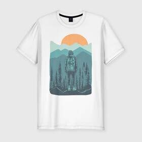 Мужская футболка хлопок Slim с принтом Adventure в Курске, 92% хлопок, 8% лайкра | приталенный силуэт, круглый вырез ворота, длина до линии бедра, короткий рукав | moutains | sun | turism | горы | закат | приключения | природа | тундра | туризм