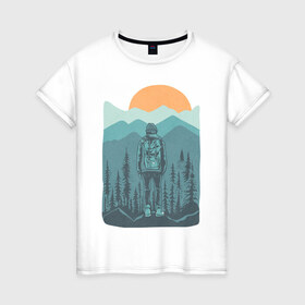 Женская футболка хлопок с принтом Adventure в Курске, 100% хлопок | прямой крой, круглый вырез горловины, длина до линии бедер, слегка спущенное плечо | moutains | sun | turism | горы | закат | приключения | природа | тундра | туризм