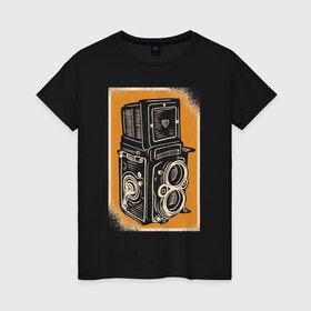 Женская футболка хлопок с принтом Rolleiflex Камера в Курске, 100% хлопок | прямой крой, круглый вырез горловины, длина до линии бедер, слегка спущенное плечо | ретро | фото | фотоаппарат | фотограф | фотокамера