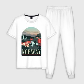 Мужская пижама хлопок с принтом Норвегия в Курске, 100% хлопок | брюки и футболка прямого кроя, без карманов, на брюках мягкая резинка на поясе и по низу штанин
 | norway | норвегия