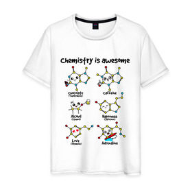 Мужская футболка хлопок с принтом Chemistry is awesome в Курске, 100% хлопок | прямой крой, круглый вырез горловины, длина до линии бедер, слегка спущенное плечо. | adrenaline | alcohol | caffeine | chocolate | happiness | love | адреналин | атомы | кофеин | любовь | молекулы | потрясающая. наука | связи | счастье | удивительная | химия | шоколад