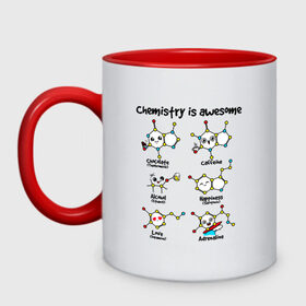 Кружка двухцветная с принтом Chemistry is awesome в Курске, керамика | объем — 330 мл, диаметр — 80 мм. Цветная ручка и кайма сверху, в некоторых цветах — вся внутренняя часть | adrenaline | alcohol | caffeine | chocolate | happiness | love | адреналин | атомы | кофеин | любовь | молекулы | потрясающая. наука | связи | счастье | удивительная | химия | шоколад