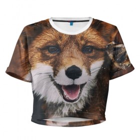 Женская футболка 3D укороченная с принтом Лисичка в Курске, 100% полиэстер | круглая горловина, длина футболки до линии талии, рукава с отворотами | голова | животные | лиса | мордочка | пасть | природа | рыжая | язык