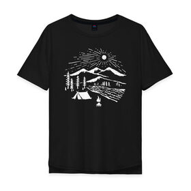 Мужская футболка хлопок Oversize с принтом Поход в Курске, 100% хлопок | свободный крой, круглый ворот, “спинка” длиннее передней части | горы | костёр | лес | озеро | палатка | приключения | природа | путешествие | речка | солнце | турист