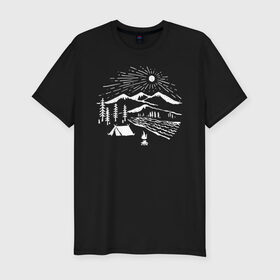 Мужская футболка премиум с принтом Поход в Курске, 92% хлопок, 8% лайкра | приталенный силуэт, круглый вырез ворота, длина до линии бедра, короткий рукав | горы | костёр | лес | озеро | палатка | приключения | природа | путешествие | речка | солнце | турист