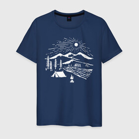Мужская футболка хлопок с принтом Поход в Курске, 100% хлопок | прямой крой, круглый вырез горловины, длина до линии бедер, слегка спущенное плечо. | горы | костёр | лес | озеро | палатка | приключения | природа | путешествие | речка | солнце | турист