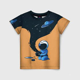 Детская футболка 3D с принтом Космонавт и чернила в Курске, 100% гипоаллергенный полиэфир | прямой крой, круглый вырез горловины, длина до линии бедер, чуть спущенное плечо, ткань немного тянется | nasa | астронавт | астрономия | вселенная | звёзды | комета | космос | перо | планеты | скафандр | чернильница