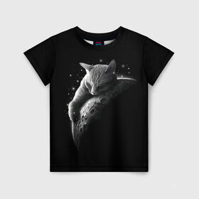 Детская футболка 3D с принтом Спящий Кот на Луне в Курске, 100% гипоаллергенный полиэфир | прямой крой, круглый вырез горловины, длина до линии бедер, чуть спущенное плечо, ткань немного тянется | Тематика изображения на принте: вселенная | звезды | космос | котейка | котенок | котэ | котя | лапочка | луна | милый | мимими | ночь | прелесть | сон | спутник