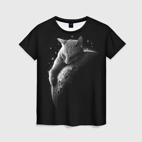 Женская футболка 3D с принтом Спящий Кот на Луне в Курске, 100% полиэфир ( синтетическое хлопкоподобное полотно) | прямой крой, круглый вырез горловины, длина до линии бедер | вселенная | звезды | космос | котейка | котенок | котэ | котя | лапочка | луна | милый | мимими | ночь | прелесть | сон | спутник