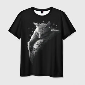 Мужская футболка 3D с принтом Спящий Кот на Луне в Курске, 100% полиэфир | прямой крой, круглый вырез горловины, длина до линии бедер | вселенная | звезды | космос | котейка | котенок | котэ | котя | лапочка | луна | милый | мимими | ночь | прелесть | сон | спутник