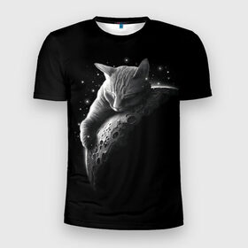 Мужская футболка 3D спортивная с принтом Спящий Кот на Луне в Курске, 100% полиэстер с улучшенными характеристиками | приталенный силуэт, круглая горловина, широкие плечи, сужается к линии бедра | Тематика изображения на принте: вселенная | звезды | космос | котейка | котенок | котэ | котя | лапочка | луна | милый | мимими | ночь | прелесть | сон | спутник