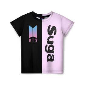 Детская футболка 3D с принтом BTS Suga в Курске, 100% гипоаллергенный полиэфир | прямой крой, круглый вырез горловины, длина до линии бедер, чуть спущенное плечо, ткань немного тянется | bts | suga | бтс | группа | корейская | музыка | розовый | цветы | черный