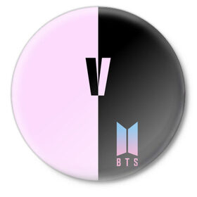 Значок с принтом BTS V в Курске,  металл | круглая форма, металлическая застежка в виде булавки | bts | бтс | группа | корейская | музыка | розовый | цветы | черный