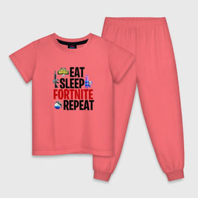 Детская пижама хлопок с принтом Eat Sleep Fortnite Repeat в Курске, 100% хлопок |  брюки и футболка прямого кроя, без карманов, на брюках мягкая резинка на поясе и по низу штанин
 | 