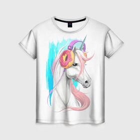 Женская футболка 3D с принтом Music Unicorn Art в Курске, 100% полиэфир ( синтетическое хлопкоподобное полотно) | прямой крой, круглый вырез горловины, длина до линии бедер | волшебный | единорог | единорожик | единорожка | магия | музыка | пончик | пончики