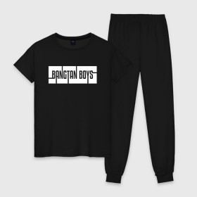 Женская пижама хлопок с принтом BANGTAN BOYS в Курске, 100% хлопок | брюки и футболка прямого кроя, без карманов, на брюках мягкая резинка на поясе и по низу штанин | Тематика изображения на принте: bangtan boys | bt21 | bts | bts army | bts stickers | j hope | jimin | jin | jungkook | k pop | rap monster | rapmon | suga | v | бтс | корея | стикеры bts