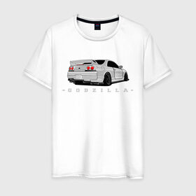 Мужская футболка хлопок с принтом R33 GODZILLA в Курске, 100% хлопок | прямой крой, круглый вырез горловины, длина до линии бедер, слегка спущенное плечо. | godzilla | nissan | r32 | r33 | r34 | skyline | годзила | ниссан | скайлайн