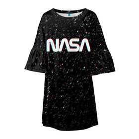 Детское платье 3D с принтом NASA GLITCH SPACE в Курске, 100% полиэстер | прямой силуэт, чуть расширенный к низу. Круглая горловина, на рукавах — воланы | Тематика изображения на принте: galaxy | nasa | space | space company | star | астрономия | галактика | звезды | космическая компания | космос | наса