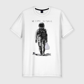 Мужская футболка хлопок Slim с принтом Мы пришли с миром в Курске, 92% хлопок, 8% лайкра | приталенный силуэт, круглый вырез ворота, длина до линии бедра, короткий рукав | арт | космонавт | космос | мир | мусор | экология