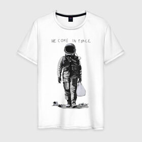 Мужская футболка хлопок с принтом Мы пришли с миром в Курске, 100% хлопок | прямой крой, круглый вырез горловины, длина до линии бедер, слегка спущенное плечо. | Тематика изображения на принте: арт | космонавт | космос | мир | мусор | экология