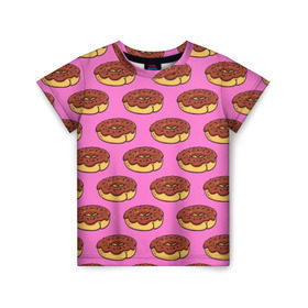 Детская футболка 3D с принтом Пончики Паттерн в Курске, 100% гипоаллергенный полиэфир | прямой крой, круглый вырез горловины, длина до линии бедер, чуть спущенное плечо, ткань немного тянется | Тематика изображения на принте: donut | вкусный | вкусняшка | еда | пончик | розовый