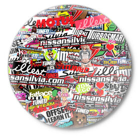 Значок с принтом Cars Stickerbombing в Курске,  металл | круглая форма, металлическая застежка в виде булавки | stickerbombing | авто | автомобили | марки | надписи | стикербомбинг | стикеры