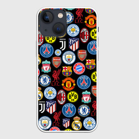 Чехол для iPhone 13 mini с принтом ЛОГО ФУТБОЛЬНЫХ КОМАНД в Курске,  |  | atletico madrid | barca | bayern munchen | chelsea | fc | football | juventus | liverpool | manchester city | manchester united | milan | pattern | real madrid | russia | барселона | паттерн