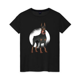 Женская футболка хлопок с принтом Доберман в Курске, 100% хлопок | прямой крой, круглый вырез горловины, длина до линии бедер, слегка спущенное плечо | doberman | dobermann | dog | доберман | собака | собаки