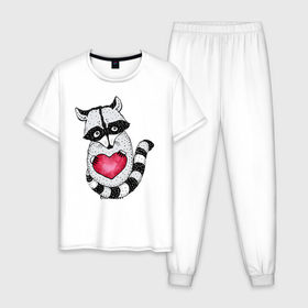 Мужская пижама хлопок с принтом Енот с сердцем в Курске, 100% хлопок | брюки и футболка прямого кроя, без карманов, на брюках мягкая резинка на поясе и по низу штанин
 | 