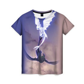Женская футболка 3D с принтом как приручить дракона в Курске, 100% полиэфир ( синтетическое хлопкоподобное полотно) | прямой крой, круглый вырез горловины, длина до линии бедер | light fury | night fury | беззубик | дракон | как приручить дракона | ночная фурия