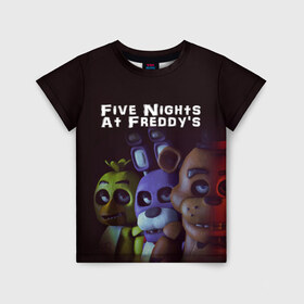 Детская футболка 3D с принтом Five Nights At Freddy`s в Курске, 100% гипоаллергенный полиэфир | прямой крой, круглый вырез горловины, длина до линии бедер, чуть спущенное плечо, ткань немного тянется | five nights at freddys | foxy | аниматроники | игра | компьютерная игра | робот | фокси | фредди | чика