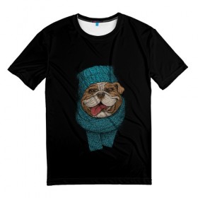 Мужская футболка 3D с принтом Бульдог в Курске, 100% полиэфир | прямой крой, круглый вырез горловины, длина до линии бедер | Тематика изображения на принте: арт | бульдог | вязанный | зима | зимняя одежда | иллюстрация | пес | песик | псина | собака | шарф