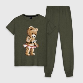 Женская пижама хлопок с принтом Nasty bear в Курске, 100% хлопок | брюки и футболка прямого кроя, без карманов, на брюках мягкая резинка на поясе и по низу штанин | медведь | мишка | плюшевый | селфи | тедди