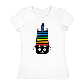 Женская футболка хлопок с принтом Rainbow cat в Курске, 100% хлопок | прямой крой, круглый вырез горловины, длина до линии бедер, слегка спущенное плечо | black | cat | cool | creative | dark | design | halloween | hype | kitten | rainbow | vanguard | авангард | дизайн | кот | котенок | кошка | креатив | круто | радуга | темный | хайп | хэллоуин | черный
