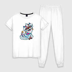 Женская пижама хлопок с принтом Танец льва (Китай) в Курске, 100% хлопок | брюки и футболка прямого кроя, без карманов, на брюках мягкая резинка на поясе и по низу штанин | дракон | красный | лев | национальный | танец