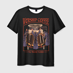 Мужская футболка 3D с принтом Worship Coffee в Курске, 100% полиэфир | прямой крой, круглый вырез горловины, длина до линии бедер | 80 е | 80s | 90 е | 90s | oldschool | retro | retrowave | stranger thing | vintage | винтаж | олдскул | ретро | ретровейв | странные дела