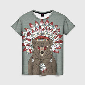 Женская футболка 3D с принтом Медведь индеец в Курске, 100% полиэфир ( синтетическое хлопкоподобное полотно) | прямой крой, круглый вырез горловины, длина до линии бедер | animal | bear | braids | feathers | in | взгляд | голова | графика | дикий | животное | индеец | ирокез | картинка | косы | красивый | крутой | лучший | медведь | мода | модный | молодёжная | орнамент | перья | природа