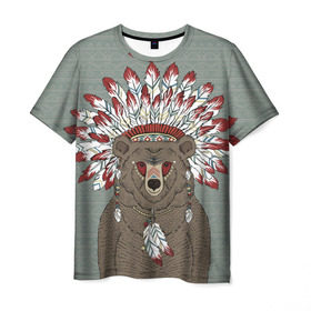 Мужская футболка 3D с принтом Медведь индеец в Курске, 100% полиэфир | прямой крой, круглый вырез горловины, длина до линии бедер | animal | bear | braids | feathers | in | взгляд | голова | графика | дикий | животное | индеец | ирокез | картинка | косы | красивый | крутой | лучший | медведь | мода | модный | молодёжная | орнамент | перья | природа