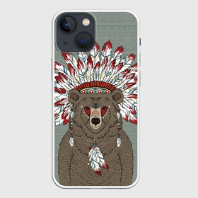 Чехол для iPhone 13 mini с принтом Медведь индеец в Курске,  |  | animal | bear | braids | feathers | in | взгляд | голова | графика | дикий | животное | индеец | ирокез | картинка | косы | красивый | крутой | лучший | медведь | мода | модный | молодёжная | орнамент | перья | природа