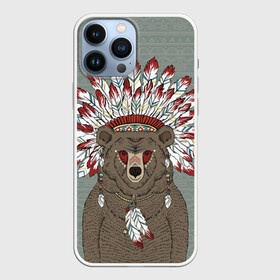 Чехол для iPhone 13 Pro Max с принтом Медведь индеец в Курске,  |  | animal | bear | braids | feathers | in | взгляд | голова | графика | дикий | животное | индеец | ирокез | картинка | косы | красивый | крутой | лучший | медведь | мода | модный | молодёжная | орнамент | перья | природа