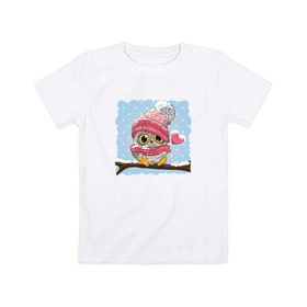 Детская футболка хлопок с принтом Зимний Совёнок в Курске, 100% хлопок | круглый вырез горловины, полуприлегающий силуэт, длина до линии бедер | зима | лапочка | маленький | метель | милый | мимими | перья | птенчик | птица | сердечко | снег | снежинка | сова | филин | шапка