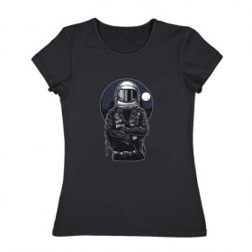 Женская футболка хлопок с принтом Biker Astronaut в Курске, 100% хлопок | прямой крой, круглый вырез горловины, длина до линии бедер, слегка спущенное плечо | астронавт | байкер | вселенная | звезды | космонавт | космос | косуха | крутой | луна | наса | рок | шлем