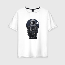 Женская футболка хлопок Oversize с принтом Biker Astronaut в Курске, 100% хлопок | свободный крой, круглый ворот, спущенный рукав, длина до линии бедер
 | астронавт | байкер | вселенная | звезды | космонавт | космос | косуха | крутой | луна | наса | рок | шлем