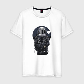 Мужская футболка хлопок с принтом Biker Astronaut в Курске, 100% хлопок | прямой крой, круглый вырез горловины, длина до линии бедер, слегка спущенное плечо. | Тематика изображения на принте: астронавт | байкер | вселенная | звезды | космонавт | космос | косуха | крутой | луна | наса | рок | шлем